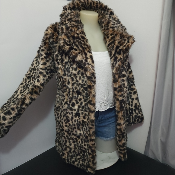 Aus12 Alice & You Faux Fur Leopard Print Collared Coat Jacket - Picture 9 of 16